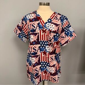 NWT Buttersoft Patriotic USA Scrub Top Unisex M Americana Cotton Scrubs 4th July
